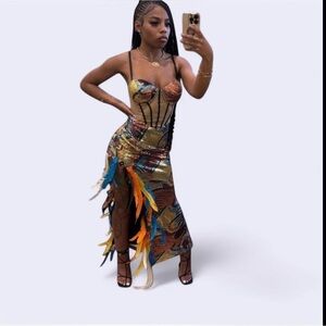 Gold and Blue Asymmetrical Slip Prom Dress